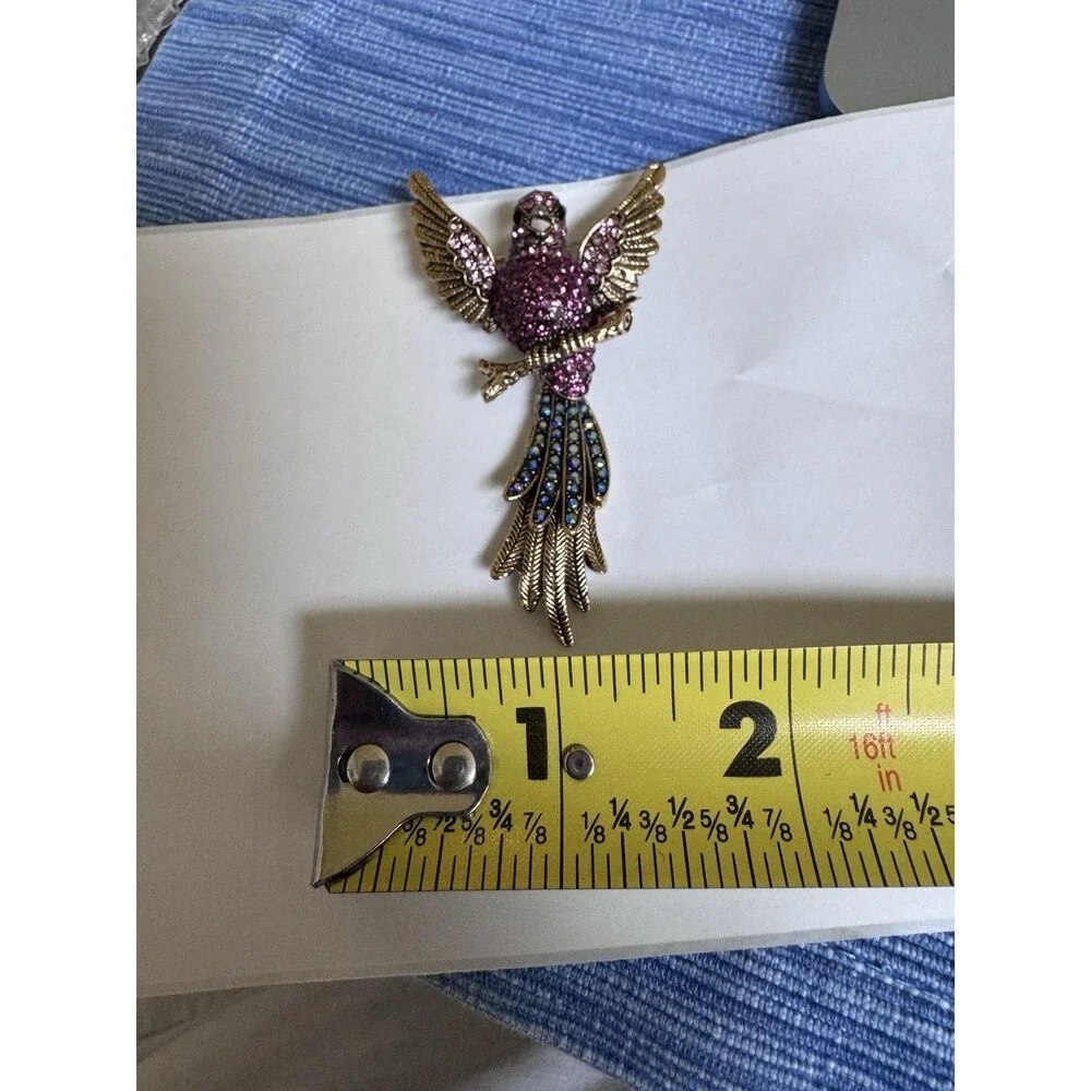 Vintage Pink Purple Rhinestone Bird of Paradise Brooch AB Blue Tail Gold Tone‎
